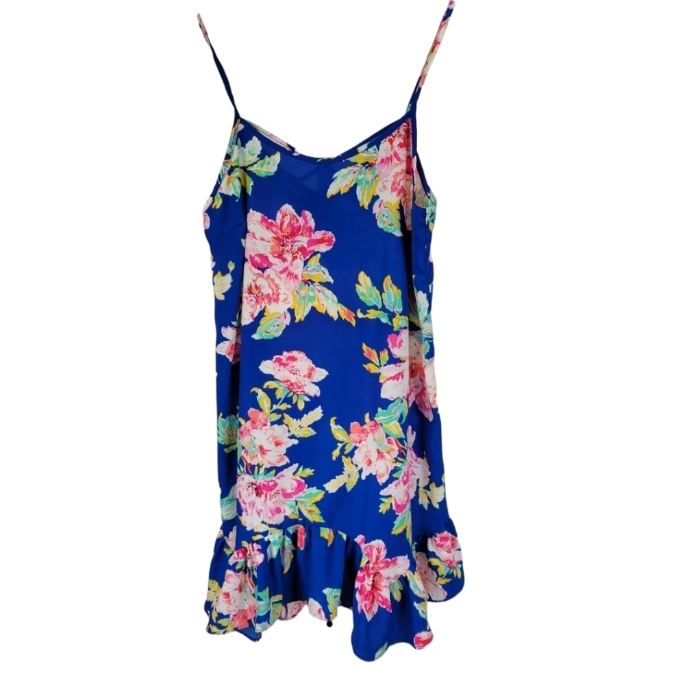 Aqua Slip Mini Dress S Blue Floral Tropical Resort Vacation Sundress